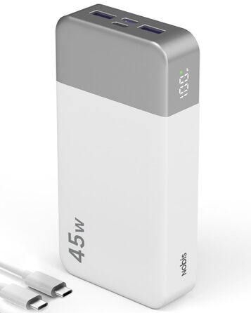 Power Bank NOBIS 20000mAh 45W з USB-C та USB-A, Цифровий дисплей, Білий