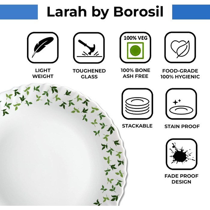 Набір посуду Larah, 35 предметів: тарілки, миски, кришки, ложки, сервіз на 6 осіб, о pal, міцний, легкий, для мікрохвильовки та посудомийної машини, білий з зеленими квітами