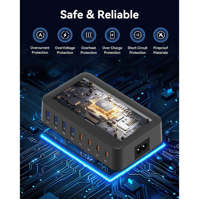 Зарядний пристрій USB C 200W, 8 портів, PD 65W з LCD дисплеєм для MacBook, iPad, iPhone 16/15/14/13 Pro/Max, Samsung S24/S23 – Чорний