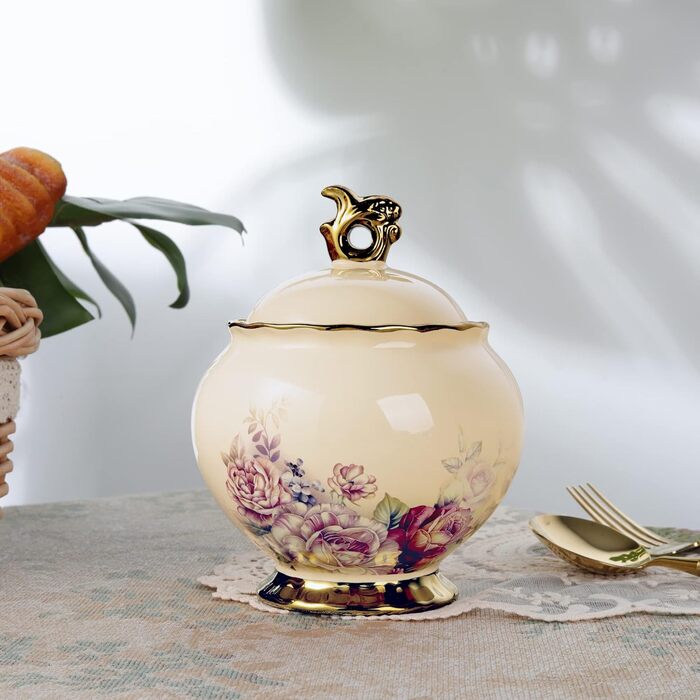 Fanquare White Porcelain Sugar Bowl with Lid, English Royal Family Sugar Pot, Rose Ceramic Sugar Bowl for Coffee Service Set