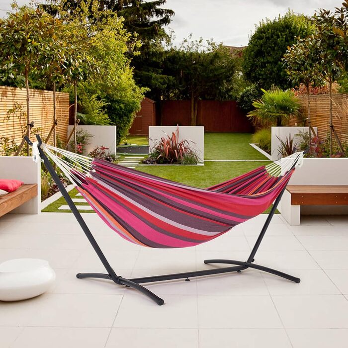 Hammock with stand, double cotton with stand for 2 people, portable outdoor & indoor patio, yard, garden, weight capacity up to 200 KG, Red