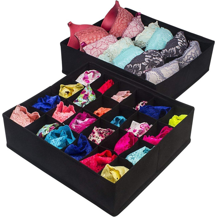 Styleys Set of 4 Foldable Storage Boxes, Drawer Dividers, Odorless Interior Lining, Storage Boxes, Closet Organizer, Under-Bed Organizer for Clothes, Shoes, Underwear, Bras, (Black - S1014)