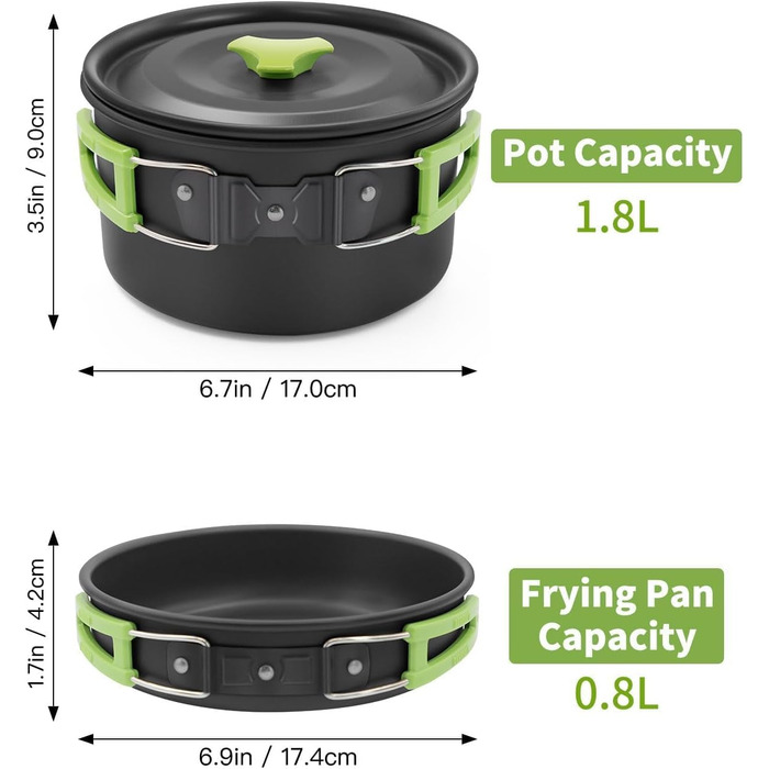 Oushome 16-Piece Camping Cookware Set for 2 People - Portable Cooking Set with Pots, Pans, Kettle, Cups, Plates - Green