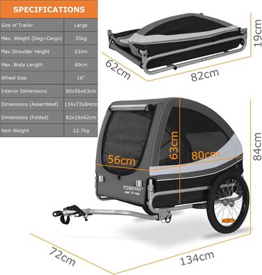 DOGGYHUT® Tobi - великий велопричіп для собак, 35 кг, сірий