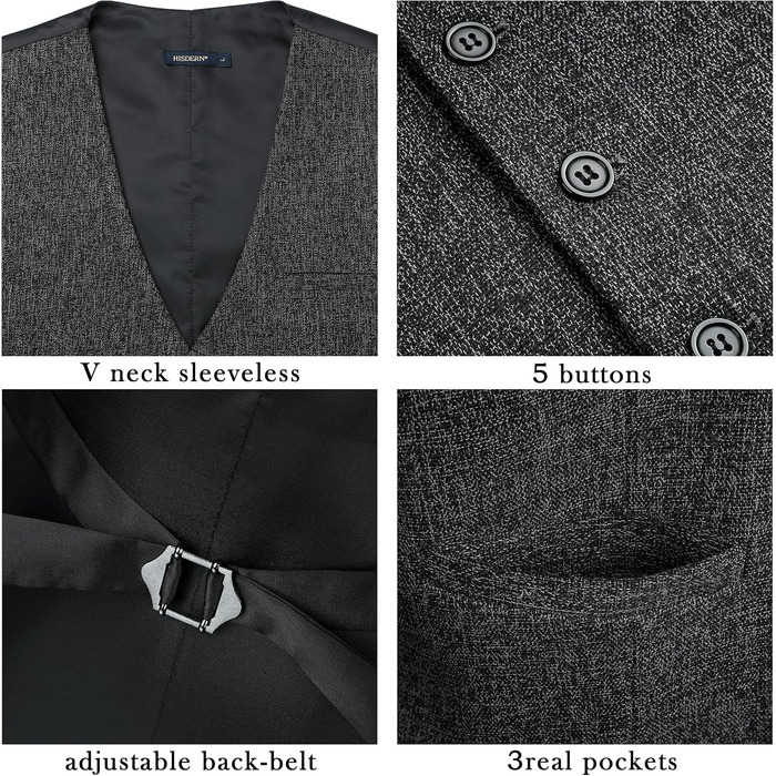 HISDERN Жилет чоловічий для весілля та офіційних заходів, класичний, ретро, бавовна, однотонний, елегантний, бізнес, XS-4XL, сірий