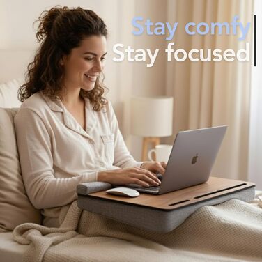 Стіл для ноутбука Vigo Wood - підставка для ноутбука до 17,3 дюймів - килимок-табличка для комфортної роботи в ліжку або на дивані - екологічний столик на колінах для home office (Cambridge & Braun) (Дуб & Сірий)