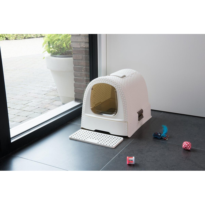 Котячий туалет Curver Petlife з кришкою, лоток для котів з совочком, сучасний дизайн плетіння ротангу, 51,5 x 38,5 x 40 см (слонова кістка)