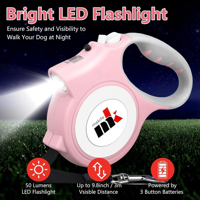 Висувна поводок для собак з LED-підсвіткою, 5 м, з мішками для собачого посліду, для собак маленьких та середніх порід до 25 кг, система гальма та блокування, ергономічна ручка, світло-рожевий колір