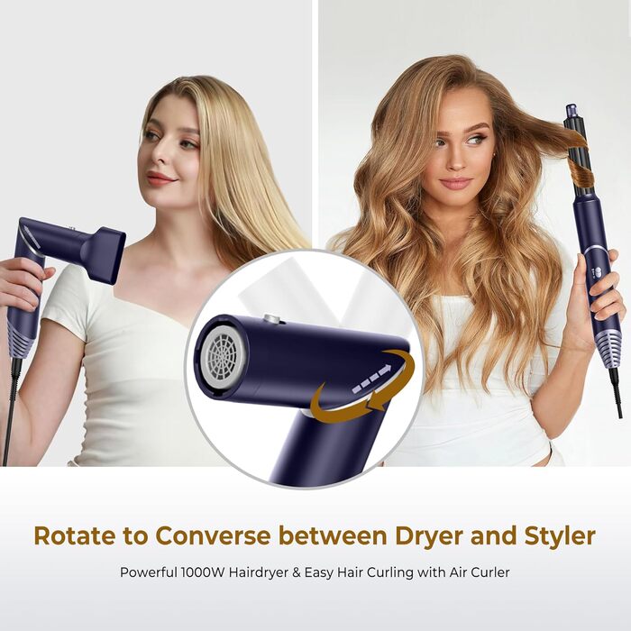 UKLISS 6-в-1 Аirstyler: Фен-щітка, Дифузор, Локон-щітка, Горячий повітря, Іонізація 60,000 U/min, Золотий (Синій)