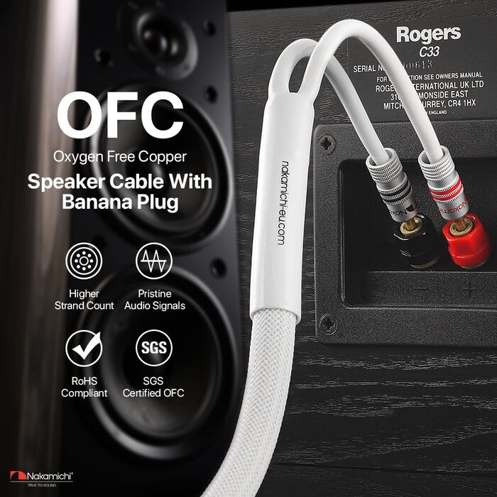 Акустичний кабель Nakamichi 12AWG з позолоченими банановими роз'ємами 24K, 1.8м, безкиснева мідь (OFC), в обплетенні, білий