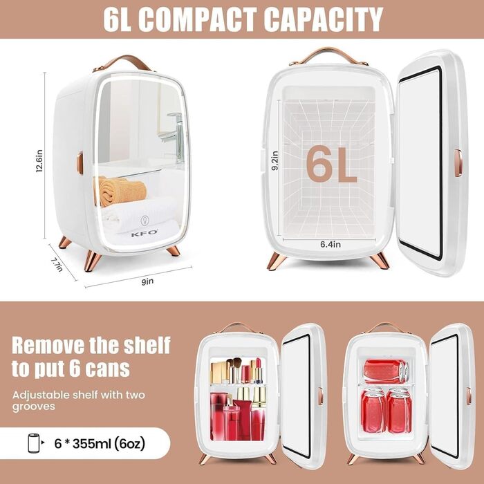 Міні-холодильник KFO Ultra-тихий (20 дБ) з LED-дзеркалом для косметики та напоїв, 220V AC/ 12V DC, термоелектричне охолодження та нагрівання, білий (6 л)
