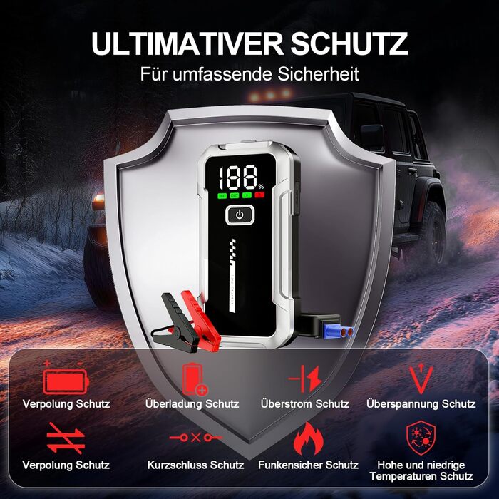 Портативний акумулятор Starthilfe для автомобіля 7000A: Запуск 12V авто, SUV, мотоцикла, газонокосарки. LED дисплей, чорний