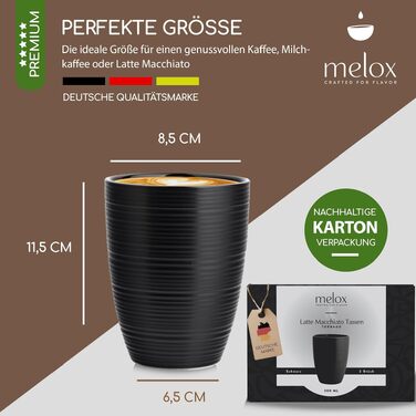 Набір керамічних чашок MELOX: 4 чашки для капучино з порцеляни (білі, 200 мл) та 2 чашки для лате (чорні, 300 мл) без ручок