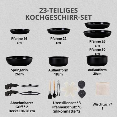 Набір каструль LEADZM з керамічним покриттям, 22/23 частини, сумісний з усіма плитами, індукційний, без PFOA/PFOS (Бежевий/Чорний)
