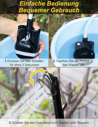 LIBERRWAY Camping Shower with Pump, Camping Shower Set with Rechargeable Battery, 2m Shower Hose Outdoor Shower for Garden Beach Camping Travel Car Washing, Mobile Shower Black (black-2 Batteries)