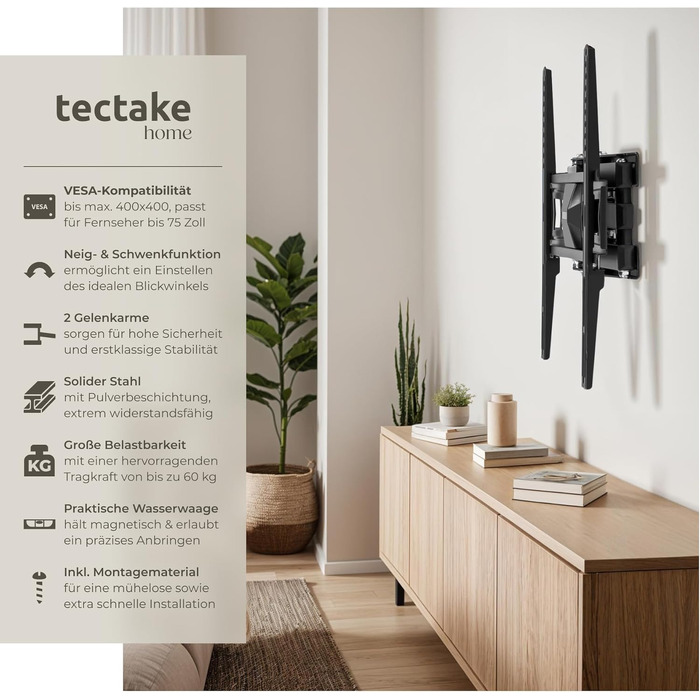 Поворотний настінний кронштейн для телевізора та монітора tectake, нахильний тримач для екранів від 26