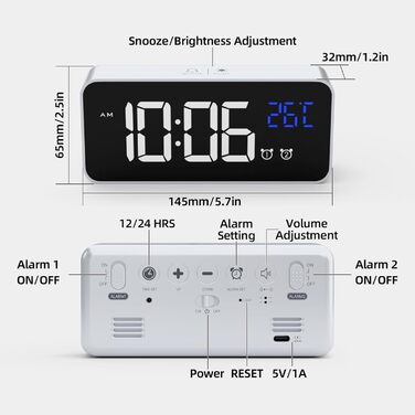 Цифровий годинник-будильник LATEC з великим LED-дисплеєм температури, USB-портом, 2 будильниками, регулюванням яскравості та гучності, функцією відкладання та дзеркалом (сріблястий)