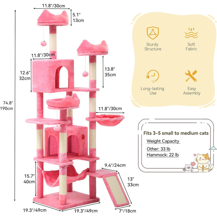 Кігтеточка YITAHOME XXL, 190 см, з 8 стовпів з сизалю, 3 платформи, 2 печери, кошик, гамак, іграшки, для котів, рожева