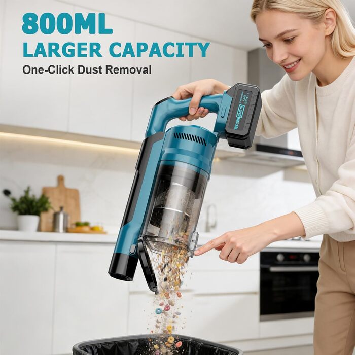 Бездротовий акумуляторний пилосос 700W з 2 акумуляторами 4.0 Ah, LED-дисплеєм, щіткою проти ковтунів, об'ємом 2L, синього кольору. Підходить для килимів, шерсті тварин та твердих підлог.