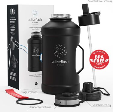 Спортивна пляшка з нержавіючої сталі ACTIVE FLASK 2,2 л із соломинкою, 3 кришки, BPA-free, герметична, для газованої води, чорна, для спорту, фітнесу та активного відпочинку
