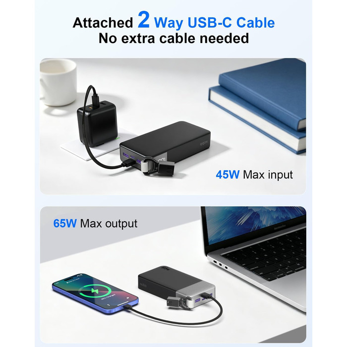 Повербанк NOBIS 20000 mAh 65W з вбудованим кабелем, швидка зарядка, 2x USB-C та 2x USB-A, для ноутбуків, планшетів та смартфонів, чорний
