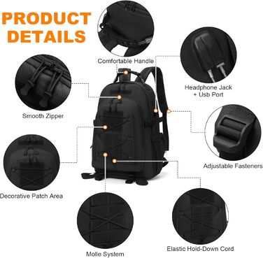 Тактичний рюкзак Molle 35/40 л, водонепроникний, для мотоциклістів, туризму, школи, з USB-портом, чорний