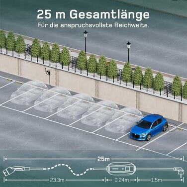 Кабель зарядки Schuko 3,68kW (1-фазний, 6-16A) для електромобілів: цифровий дисплей, 25м