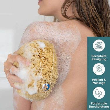 tom&pat Natural Sponge with Cord & Glass Charm - Dermatest: Very Good, Unbleached Bath Sponge Shower Sponge Body, Exfoliating Sponge from Greece, Premium Quality (17-18 cm)