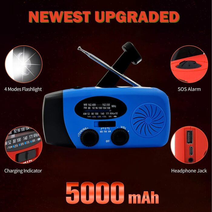 Сонячна радіостанція iRonsnow з ручним заводом, ліхтариком LED, USB-зарядкою 2000mAh. Радіо на сонячній енергії для кемпінгу, походу, екстрених ситуацій (5000mAh, блакитне)