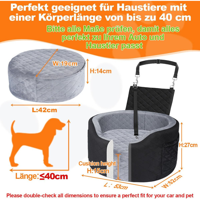 Автокрісло для собак - чорне автокрісло-бустер для маленьких собак з піною Memory Foam 28D, неслизька водонепроникна підкладка, переноска для подорожей з кишенями та ковдрою, чорний