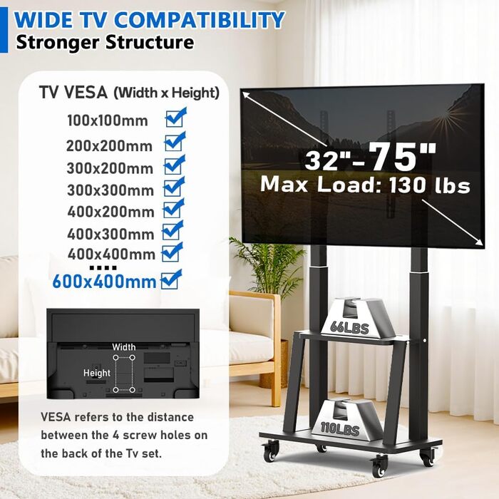 Мобільна підставка для телевізора з колесами, регульована по висоті, VESA 900x600, до 75 дюймів