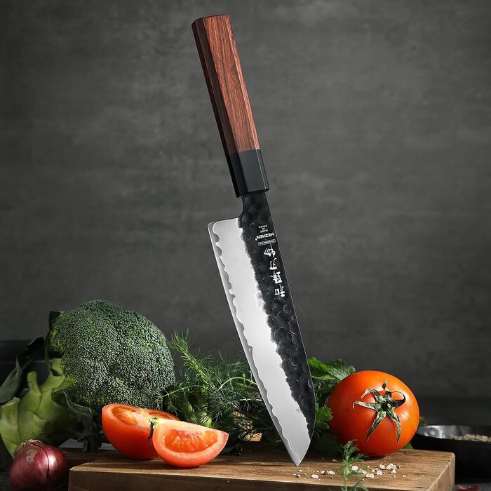Японський ніж Santoku 18,5 см Hezhen, кухонний, з кованого сталі, з дерев'яною ручкою