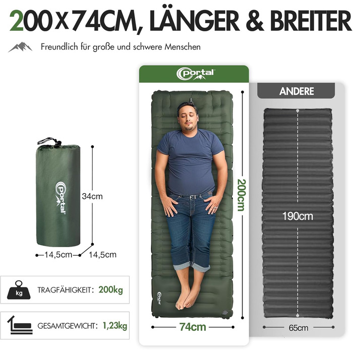 PORTAL Self-Inflating Camping Mat 10cm Thick Air Mattress Utraleicht with Foot Press Pump 18cm Thick Pillow Inflatable Mattress Outdoor Foldable Sleeping Mat 200*74cm for Camping Hiking Traveling