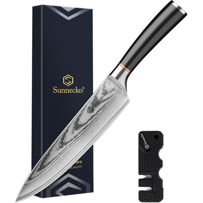Ніж кухарський Sunnecko Damast 20 см - професійний ніж з дамаської сталі, кухонний ніж для м'яса, нержавіючий, довговічний