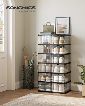 SONGMICS Shoe Cabinet Set, with 18 Shoe Boxes, Integrated Shoe Organizer, Foldable, Portable, for Shoes up to Size 46, 1-Minute Assembly, Transparent-Cloud White LSP207W01 (Transparent + Ink Black, 2)