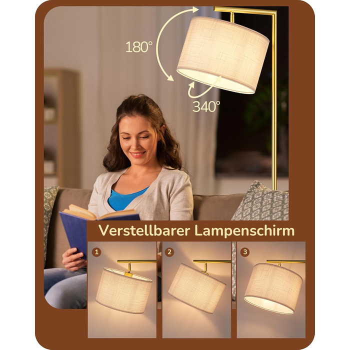 Стійка лампа EDISHINE для вітальні 160 см, аркова лампа сучасного дизайну з регульованим бежевим абажуром з льону, LED E27 лампочка в комплекті, настільна лампа для спальні, дитячої кімнати (Золота)