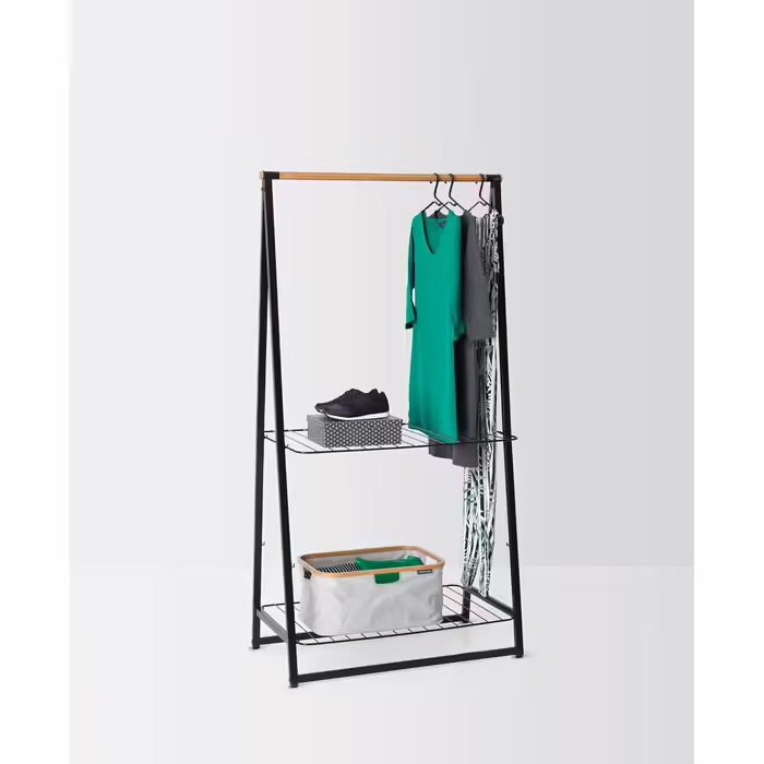 Brabantia - Linn Clothes Rail, Compact - Freestanding Clothes Rack - For Clothes - Hanging, Airing & Drying Clothes - Sturdy Steel Frame & Bamboo Rod - 47.6 cm x 34 cm x 170 cm - Matte (Black, Large)