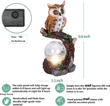 JJALIGHTS Solar Owl Figurine, Owl Garden Decor with Solar Ball, Waterproof for Outdoors, Balconies, Terraces, Gifts for Women, Men, Mom, Birthday, 24CM