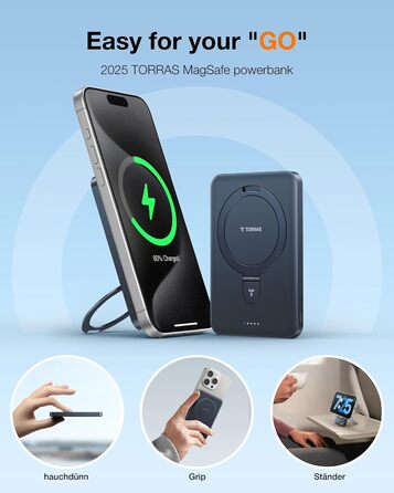 Портативний зарядний акумулятор TORRAS 5000mAh з MagSafe, USB-C, 22.5W PD, для iPhone 17 Pro Max та інших моделей, чорний