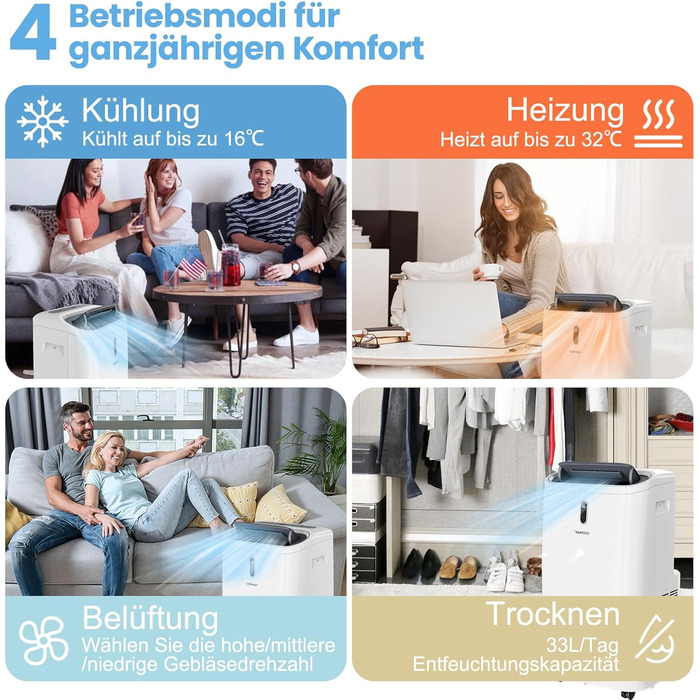 Мобільний кондиціонер COSTWAY 14000 BTU з виносним шлангом. 5-в-1: охолодження, обігрів, осушення, вентиляція, нічний режим. Для приміщень до 135 м³, пульт/додаток, таймер 24h, 4100W, ≤57dB, білий