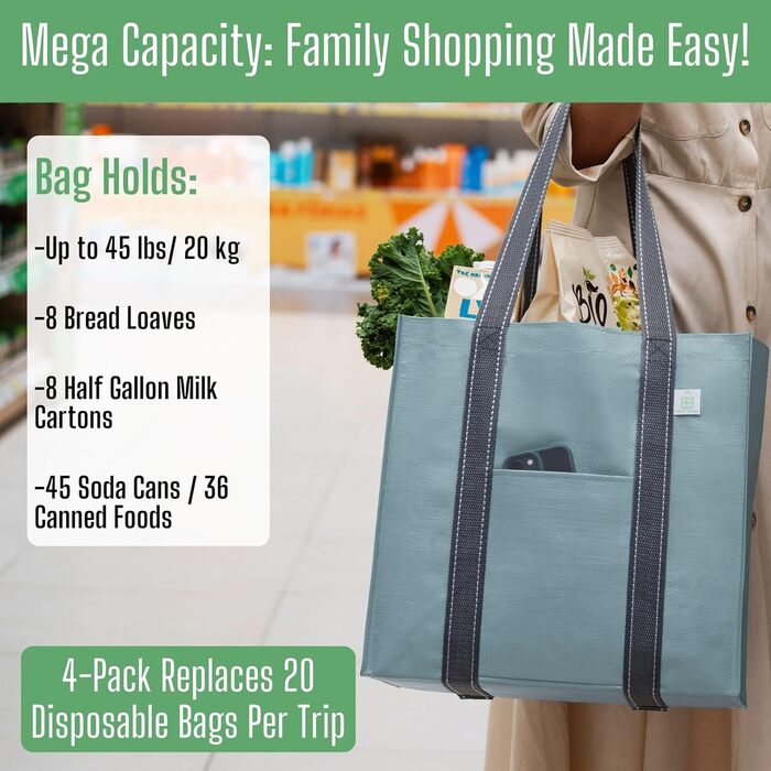 VENO 34 Liter Large Shopping Bag Foldable with Sturdy Bottom and Front Pocket, Reusable Shopping Bags Water-Resistant Tote Bag Shopping Basket for Shopping Picnic (Light Blue, 4-Pack)