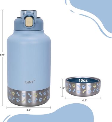 GiNT Ізольована пляшка для води з нержавіючої сталі для собак та людей, туристичний набір з мисками та сумкою, не протікає, для прогулянок, походів, кемпінгу, авто (Блакитний)