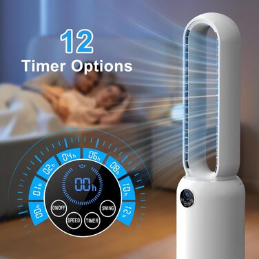 Безлопатий вентилятор з дистанційним керуванням, тихий, з LED-дисплеєм, 90° гойдання, 24 швидкості, 12H таймер, підлоговий вентилятор для дому (білий)