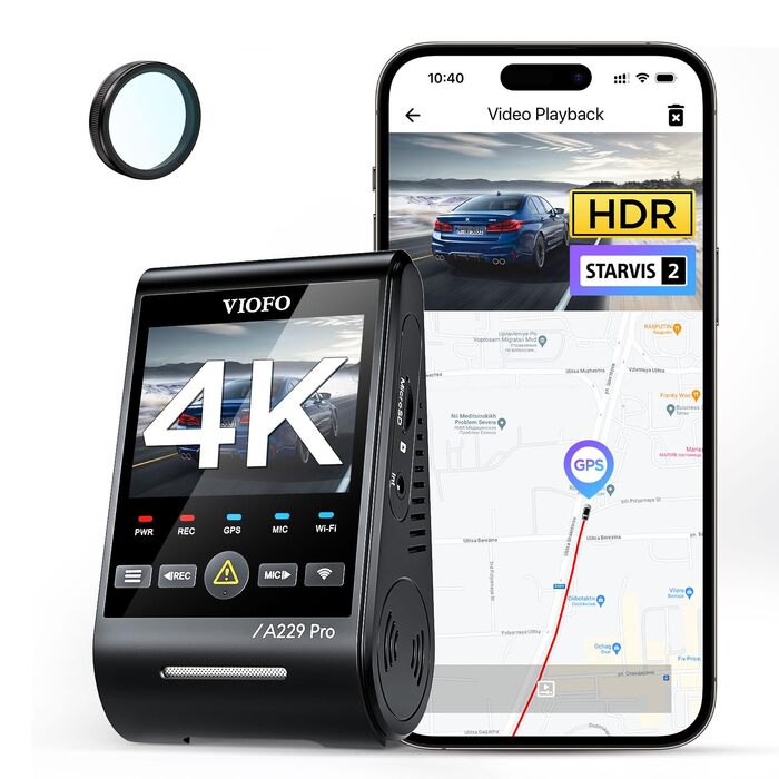 Відеореєстратор VIOFO A229 Pro 4K STARVIS 2, HDR з GPS, Wi-Fi 5GHz, CPL-фільтром та нічним баченням 2.0