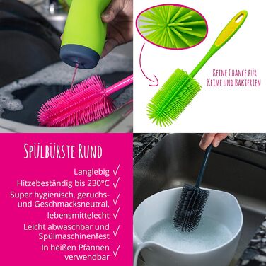 Kochblume Silicone Brush Set, 3-Piece with Interchangeable Heads | Bottle Brush, Dish Brush, Antibacterial, Germ-Free (anthracite)