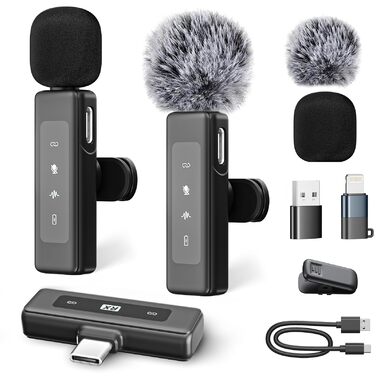 Бездротовий петличний мікрофон для iPhone/Android/iPad/комп'ютера, з шумозаглушенням, для запису відео, інтерв'ю, YouTube, Vlog, чорний