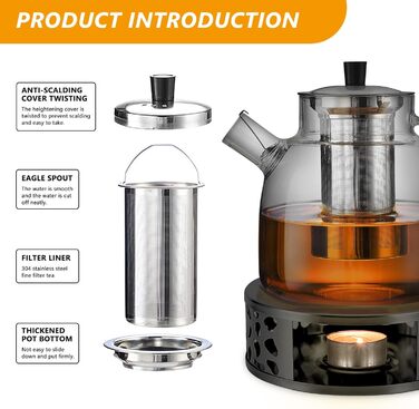 Скляний чайник для заварювання чаю 1500 мл з ситечком та підставкою-підігрівачем із нержавіючої сталі