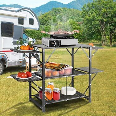 Стіл похідний VEVOR для кухні, алюмінієвий, складний, портативний, з 4 стінками та 2 полицями, з сумкою для перенесення. Для пікніка, грилю, кемпінгу.