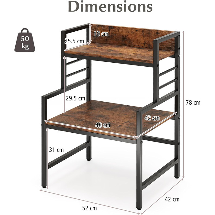 Полиця для мікрохвильової печі KOMFOTTEU 52x42x78 см, кухонна полиця з регульованими ніжками та захистом від перекидання, економна полиця для каструль, сковорідок, тарілок та мисок, коричнева