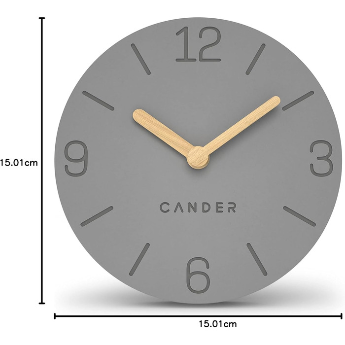 Cander Berlin MNU 2615 H Gray Table Clock, battery-powered, silent (no ticking), vintage, analog, modern, wood hands, MDF, 15 cm